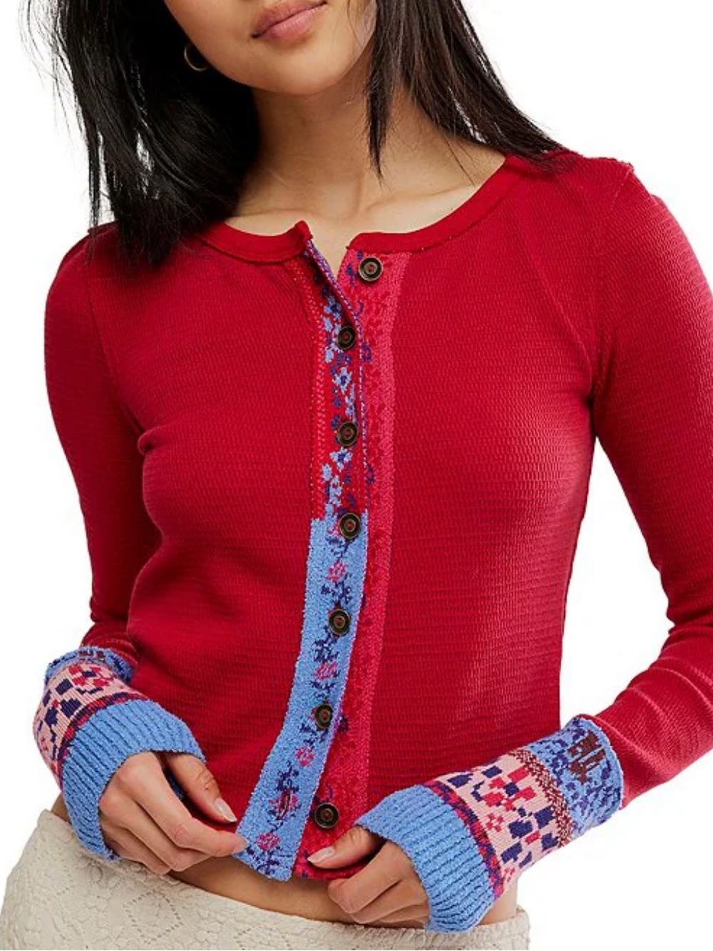NWT🌷Free People Embroidered Trim Crew Neck Long Sleeve Cardi Top